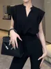 Kvinnors tvåbitar byxor koreanska mode sommar svarta byxor kvinnor ärmlösa skjortor toppar och flare 2 stycken set kvinnliga formella kläder