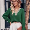 Women's Blouses Lace Stitching Casual Blouse Women Autumn T-shirt V-neck Trim Pullover Tops Ruffle Cuffs Loose Fit