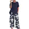 Women's Two Piece Pants T-shirt Set Flower Print Outfit Stylish Two-piece Sets Loose-fit Wide Leg In Soft For Summer