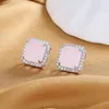 Stud Earrings Fashion S925 Sterling Silver Fine 14MM Square Zircon Pink For Women Charm Engagement Gift Jewelry