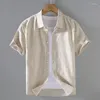 メンズカジュアルシャツ夏のファッションリネン半袖シャツスクエアネックコットンソリッドカラーハーフトップ