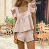 Kvinnors spårningsdräkter 2023 Summer Linen Suit Farterfly Sleeve Square Collar Ruched Tops Wide Ben Shorts Female Suits Korean England Ladies Set