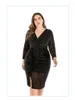 Robes grande taille 4xl 5xl Robe grande taille Col en V Noir Diamant lâche Manches à neuf points Minceur Fente Wrap Hanche Jupe Longueur au genou Une étape