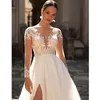 Bohemian A Line V Neck Lace Appliqued Beach Bridal Gowns Backless Sweep Train High Side Split Boho Wedding Dress