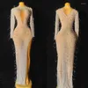 Scene Wear White Mesh Stretch Evening Prom Dress Pearls Rhinestones Slit Women Birthday Celebrate Outfit Party Costumes XS6146