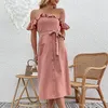 Vestidos casuais mulheres elegantes manga curta vestido sólido férias praia roupas femininas senhoras boho