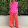 Women's Two Piece Pants T-shirt Set Flower Print Outfit Stylish Two-piece Sets Loose-fit Wide Leg In Soft For Summer
