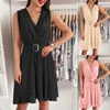 Abiti casual Abito estivo da donna Moda senza maniche in chiffon con scollo a V Mini causale Elegante da donna da ufficio Cintura da festa Abito a pieghe Femme