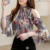 Chemisiers pour femmes Plus Szie Floral imprimé en mousseline de soie Flutter demi manches épaule dénudée Blouse col montant ample Streetwear Camiseta Mujer