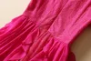 2023 Autumn Hot Pink Solid Color Panel Pance Dress Kort ärm V-ringning Ruffled Midi Casual Dresses S3G040804 Plus Size XXL