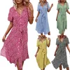 Vestidos casuais femininos com botões, decote em V profundo, estampa floral, vestido midi, camisa curta, com cinto, mangas soltas, verão