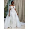 Sydafrikanska sjöjungfru bröllopsklänningar avtagbar overskirt ren nack illusion skopa långa ärmar brudklänningar 328 328