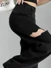 Женские джинсы Черные разорванные женщины Лето подряд корейские брюки Y2K High Taist