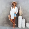 Maillot de bain femme solide blanc plage couvrir chemise surdimensionné col en v à manches longues Bikini caftan Mini robe été maillot de bain