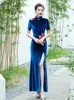 Etnische Kleding Herfst Fluwelen Chesongam Traditionele Chines Jurken Vrouwen Borduren Bloem Qipao Sexy Split Vestidos Prestaties Party Gown