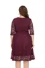 Plus Size Dresses Contrast Lace Semi Sheer 3/4 Sleeve Midi Dress Women's Slight Stretch Elegant