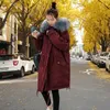 Kvinnor Down Long Red Elegant Trendy Parkas Plush Foder Big Warm Faux Pälskrage Outwear Korean Solid Streetwear Coat Belt Design Overcoats