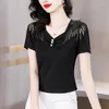 女性用TシャツvネックブラックシルクショートスリーブTシャツ2023春/夏ファッションスプライススパンコールデコレーションスリムトップ