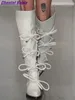 Boots Bowknot Swwet الركبة عالية الأحذية مكتنزة نساء بيضاء وردية اللون
