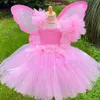 Girls Dresses Girls Pink Fairy Dress Kids Glitter Tutu Flower Dresses with Wing and Stick Hairbow Children Birthday Halloween Party Costumes 230804