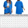 Survêtements femme coton lin ensemble survêtement décontracté boutonné manches 3/4 chemise cordon Shorts poches 2 pièces salon 2023