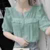 Женские блузки лотос лист зеленый шифоновый рубашка весна летняя модная блузка 2023 Корейский стиль Элегантный с коротким рукавом повседневная для женщин