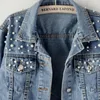 Jaquetas femininas 2023 Vintage Pearl Beading Curto Denim Feminino Lavagem Azul Manga Comprida Casual Jaqueta Jean Bomber Casaco Plus Size