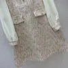 2023 Autumn Ivory Contrast Color Panel Panel Tweed Dress Long Sleeve Lapel Neck -knappar Korta avslappnade klänningar B3G041817 Plus storlek XXL