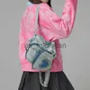 Backpack y2K Denim Backpack Small Size With Rhinestone Embellished Heart Shape Cool Girl Shoulder Bag Top Handle Handbag 2023 New Design J230806