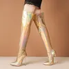 أحذية مثير الفخذ عالي الأحذية الخنجر الكعب المنصة أحذية لامعة كبيرة الحجم 34-45 Pink Gold Women's Over The Knee Boots Party Shoes 230804