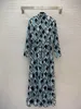 2023 Autumn Blue Rhombus Print Belted Dress Long Sleeve Stand Collar Rhinestone Long Maxi Casual Dresses B3G041817 Plus Size XXL