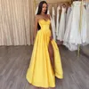 Robes de soirée Simple jaune bal 2023 une ligne fendue bretelles spaghetti perles robes formelles femmes tenues de soirée vente