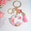 Pink Dry Flower 26 Initial A To Z Resin Keychain With Butterfly Tassel Pendant Shiny Keyring for Women Girl Handbag Accessories