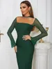 Casual Dresses Dress Party Evening For Elegant 50 Year Ladies Dark Green Sheer Long Sleeve Chocker Square Collar Bodycon Bandage