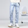 Jeans pour hommes jeunesse mode déchiré droite Denim pantalon automne à la mode bleu clair rétro lavé Stretch en détresse coupe ajustée pantalon