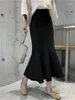 Skirts Black Knitted Fishtail Skirt For Women 2023 Autumn High Waist Office Warp A-line Midi Elegant Bodycon Women's Long