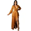 Casual Dresses Fashion Soft Silk Women Long With Belt Solid Color Smooth High Waist Slit V Neck Vestidos Sexy Lady Sleeve Clothes