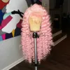 Mänskligt hår Kaplösa peruker rosa färgsyntetiska spetsfront peruk med fri del lång djup kinky lockig peruk cosplay värmebeständiga fiber peruker med babyhår x0802