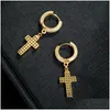 Stud Hip Hop Cubic Zirconia Bling Iced Out Cross Earring Gold Sier Copper Earrings For Men Rock Jewelry Drop Delivery Dhjuh