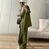 Women's Two Piece Pants Women Office Olive Green Suit Two-Piece Pantsuit Elegant Blazer Coats Female Set Casual Loose Wide Leg Jacket Work