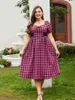 Plus storlek klänningar söta kvinnkläder elegant kort ärm rosa rutiga pläd midi boho lång sommar 2023