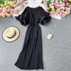 Robes décontractées col rond évasé à manches courtes plissée longue robe Vintage taille haute volants femme Vestidos mode Mujer 2023 en mousseline de soie