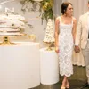 Sheath Tea Length Wedding Dresses 3D Flower Garden Bridal Gowns Pearls Short Country Spaghetti Strap Vestidos De Novia310i