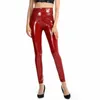 Calças femininas de cintura alta leggings de PVC com visual molhado Couro PU brilhante Calças de cosplay justas Sexy Clubwear Pantalon Spodnie Collant