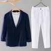 Herrdräkter White Linen Suit Spring Summer Cotton Casual Jacket Man Thin 2 Piece Set Blazer Long Sleeve Pants Fashion 2023
