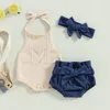 Ensembles de vêtements 0-24M bébé filles vêtements d'été ensemble pour né infantile sans manches licou tricot barboteuse PP Shorts bandeau 3 pièces tenues pour tout-petits