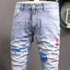 メンズジーンズファッションストリートウェアメンレトロライトブルースリムフィットプリントズボン塗装デザイナーヒップホップデニムパンツhombre