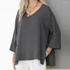 Dames Blouses Dames Onregelmatig T-shirt Zijsplit Top Stijlvolle V-hals Pullover Tops Chic 3/4 mouw Streetwear met splitzoom