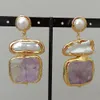 Stud YYGEM 22x26mm Amethyst Faceted Square Freshwater White Biwa Pearl Earrings 230804