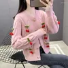 Women's Sweaters Spring Summer Autumn Cherry Crewneck Twist Sweater Cardigan Loose Knitted Shirt Top Coat